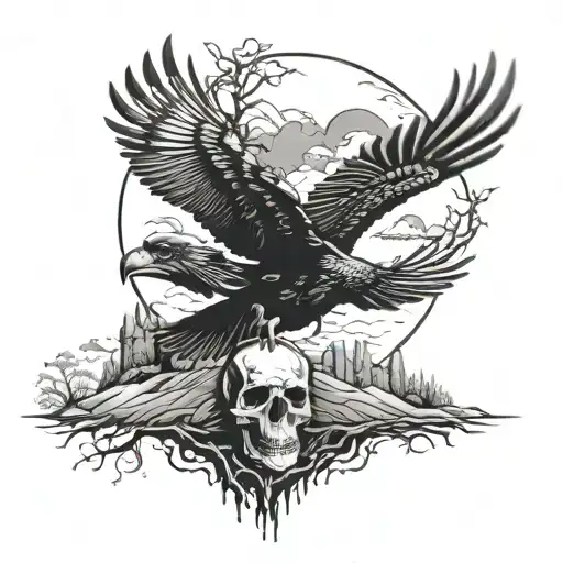old skull black detailed crow flying to land on skull with spooky landscape  tattoo design idea