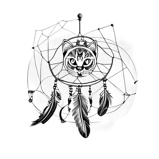 A dreamcatcher with a black cat tangled in the strings, surrounded by books tattoo design idea