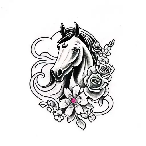 Traditional "Horse With Flowers" Tattoo Idea BlackInk