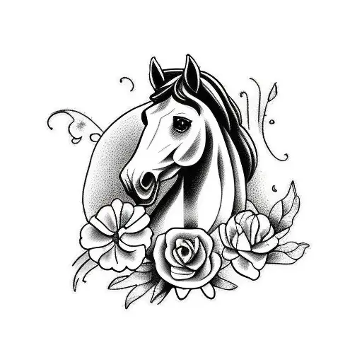 Traditional "Horse With Flowers" Tattoo Idea BlackInk