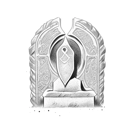 two headstones with banners wrapped around them with relatives dates tattoo design idea