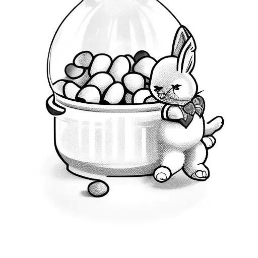 A jar filled with jelly beans and a halo above it with a pink bunny teddy bear and rainbows with windmills and balloons tattoo design idea