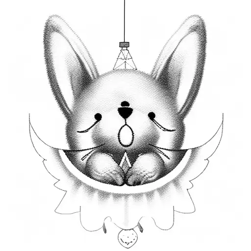 an angel halo above a pink bunny teddy bear and rainbows with windmills and balloons tattoo design idea