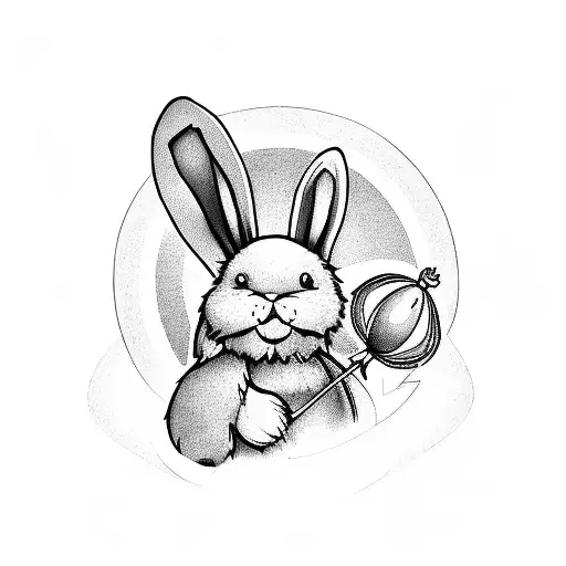 a halo above a pink bunny teddy bear and rainbows with windmills and balloons tattoo design idea