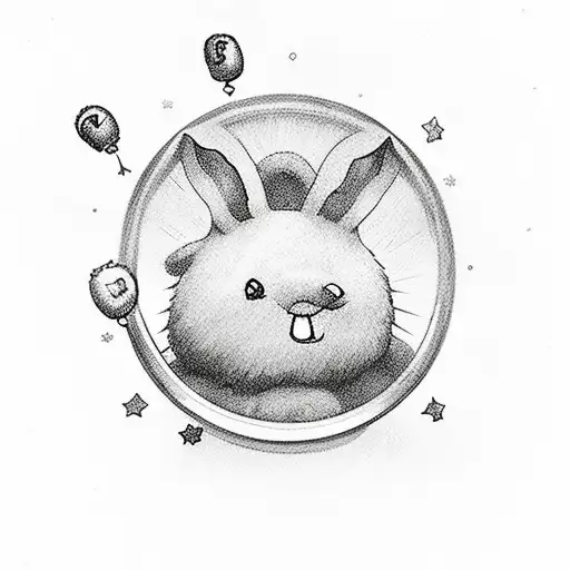 A jar filled with jelly beans and a halo above it with a pink bunny teddy bear and rainbows with windmills and balloons tattoo design idea