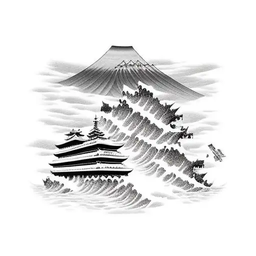 detailed ship with cliffs in background tattoo design idea