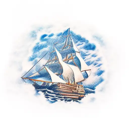 detailed ship with cliffs in background tattoo design idea