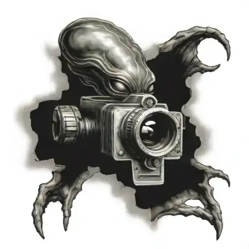 alien  with the face as a shutter lens of a super 8 camera tattoo design idea