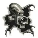 alien  with the face as a shutter lens of a super 8 camera tattoo design idea