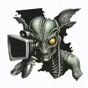 alien  with the face as a shutter lens of a super 8 camera tattoo design idea