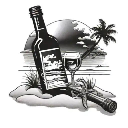 A beach scene with a wine bottle and glass on the sand tattoo design idea