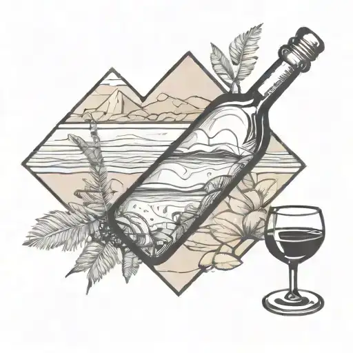 A beach scene with a wine bottle and glass on the sand tattoo design idea