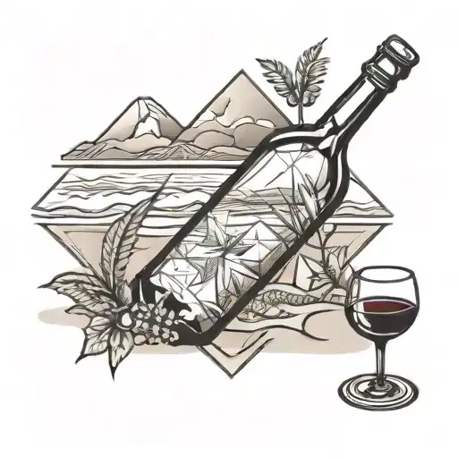 A beach scene with a wine bottle and glass on the sand tattoo design idea