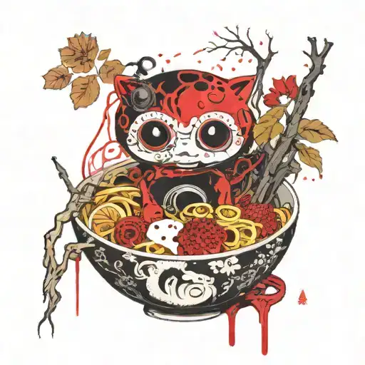 Kodama is a forest spirit that falls into a bowl of ramen, a bowl of ramen with a pattern of eyes and water lilies tattoo design idea