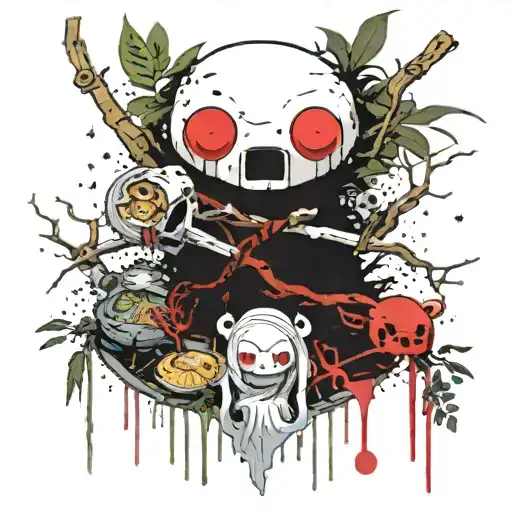 Kodama is the spirit of the forest from the anime "Princess Mononoke", who falls into a plate of ramen, a plate of ramen tattoo design idea