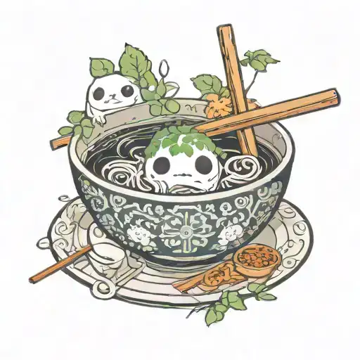 Kodama is a forest spirit from the anime Princess Mononoke who is found between chopsticks, above a bowl of ramen. tattoo design idea
