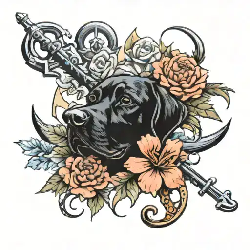 black lab dog, Carnation flower,navy anchor tattoo design tattoo design idea