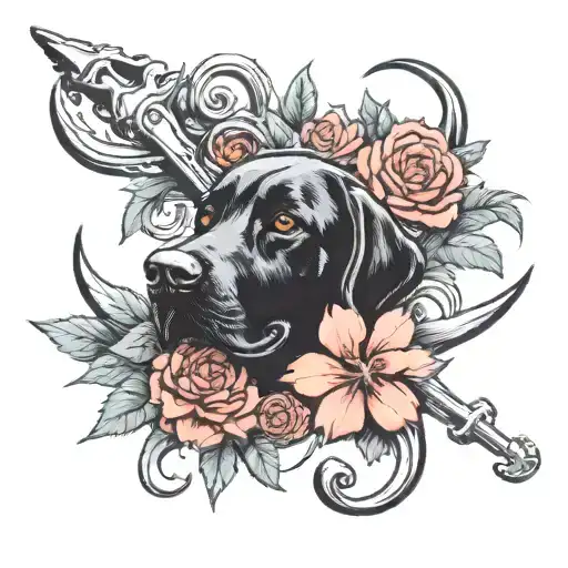 black lab dog playing in  Carnation flower bush navy anchor in the back tattoo design tattoo design idea