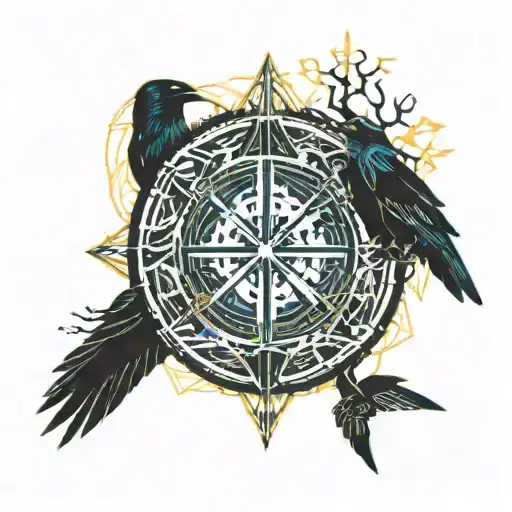 France, vegvisir, ravens, runes, catholic celtic cross and tree of life tattoo design idea