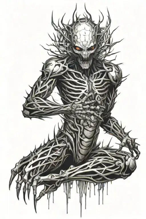 A 3-meter tall metallic humanoid with four arms adorned in razor-sharp blades and thorns, and glowing orbs of c tattoo design idea
