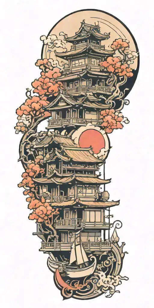 japanese building, anchor, piano tattoo design idea