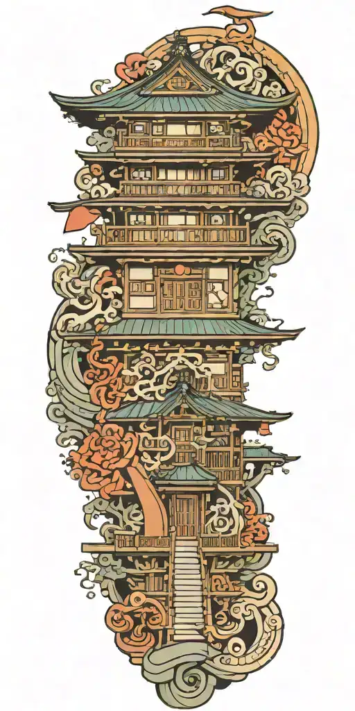 japanese building, anchor, piano tattoo design idea