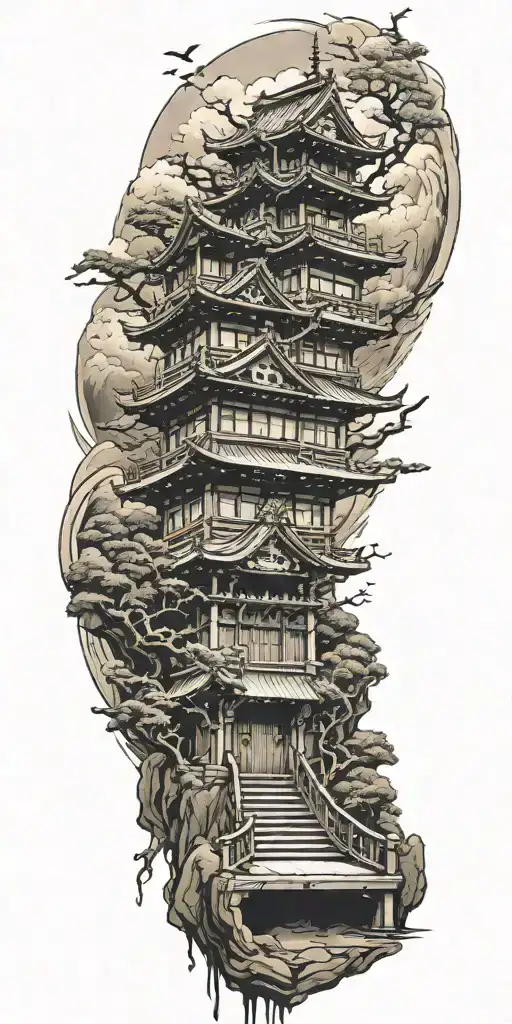 japanese building, anchor, piano tattoo design idea