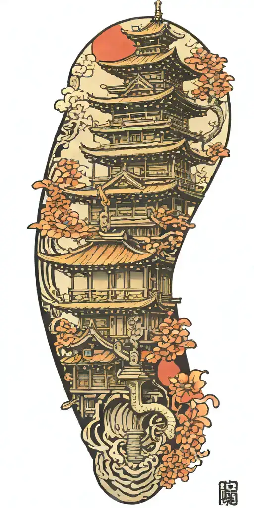 japanese building, anchor, piano tattoo design idea