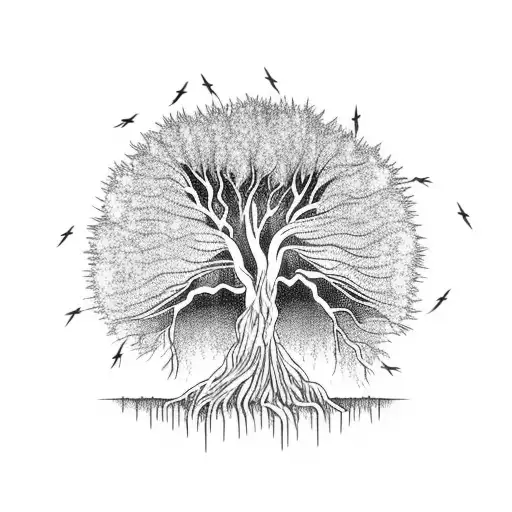 weeping Willow tree with lightning bugs and a wolf  tattoo design idea