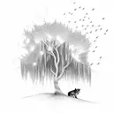 weeping Willow tree with lightning bugs and a wolf  tattoo design idea