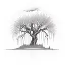 weeping Willow tree with lightning bugs and a wolf  tattoo design idea