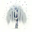 weeping Willow tree with lightning bugs and a wolf  tattoo design idea