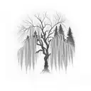 weeping Willow tree with lightning bugs and a wolf  tattoo design idea