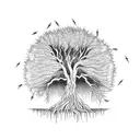 weeping Willow tree with lightning bugs and a wolf  tattoo design idea