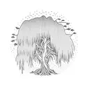 weeping Willow tree with lightning bugs and a wolf  tattoo design idea