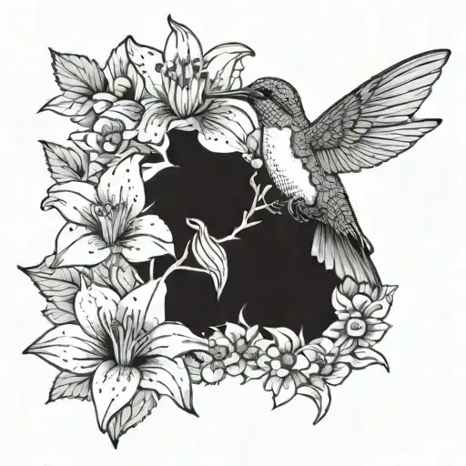An elegant blackwork tattoo of a hummingbird sipping nectar from a lily, surrounded by sunflowers and dogwood flowers tattoo design idea