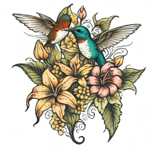lilies sunflowers and dogwood flowers with hummingbird  tattoo design idea