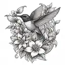 A whimsical scene of a hummingbird surrounded by lilies, sunflowers, and dogwood flowers in a dotwork style tattoo design idea