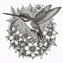 A whimsical scene of a hummingbird surrounded by lilies, sunflowers, and dogwood flowers in a dotwork style tattoo design idea