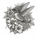 A whimsical scene of a hummingbird surrounded by lilies, sunflowers, and dogwood flowers in a dotwork style tattoo design idea