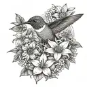 A whimsical scene of a hummingbird surrounded by lilies, sunflowers, and dogwood flowers in a dotwork style tattoo design idea