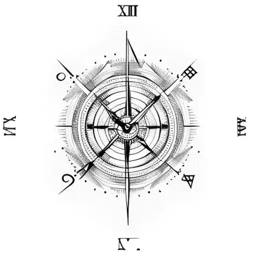 Half Clock and half compass surrounded by petunias tattoo design idea