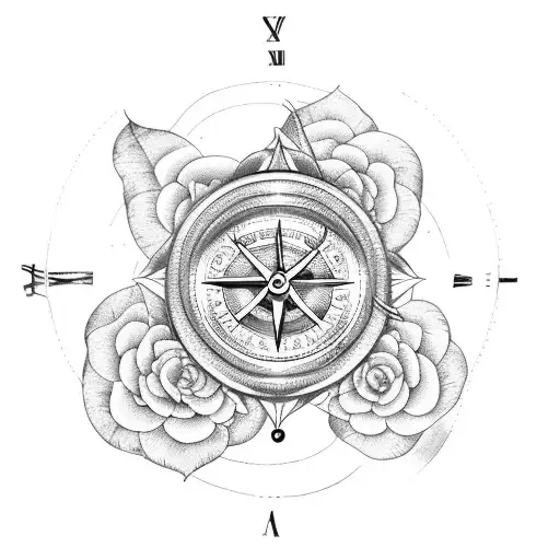 Half Clock and half compass surrounded by petunias tattoo design idea