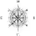 Half Clock and half compass surrounded by petunias tattoo design idea