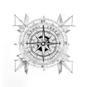 Half Clock and half compass surrounded by petunias tattoo design idea