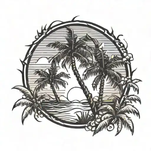 3 palm trees by the beach, sun setting, 2 birds flying. in a circle frame with 2 palm trees outside frame at the top tattoo design idea