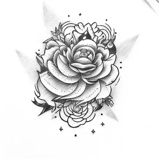 Tattoo design, tarot card, cresent moon, stars, dagger going through the moon, flowers on the outer corners, peonies tattoo design idea