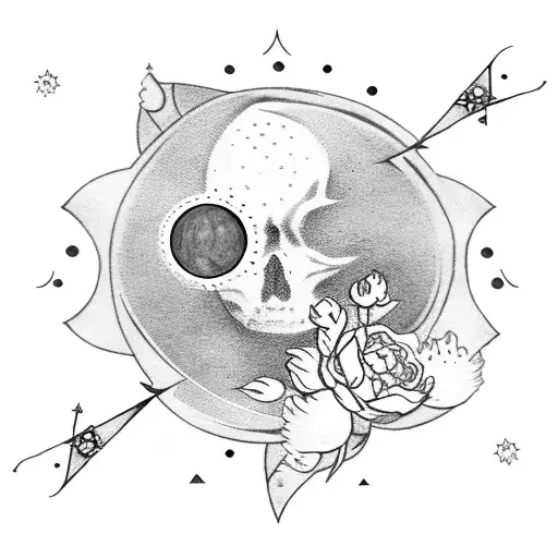 tarot card with cresent moon pierced by dagger, stars, flowers on card corners, peonies tattoo design idea