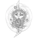 Tattoo design, tarot card, cresent moon, stars, dagger going through the moon, flowers on the outer corners, peonies tattoo design idea