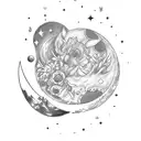 Tattoo design, tarot card, cresent moon, stars, dagger going through the moon, flowers on the outer corners, peonies tattoo design idea